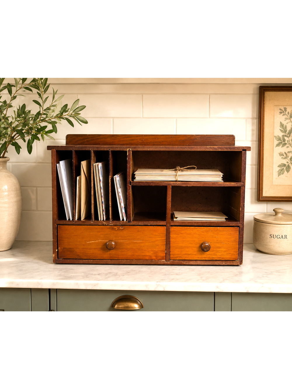 Vintage Cubby Shelf Wood Wall Hanging Countertop Organizer Cabinet